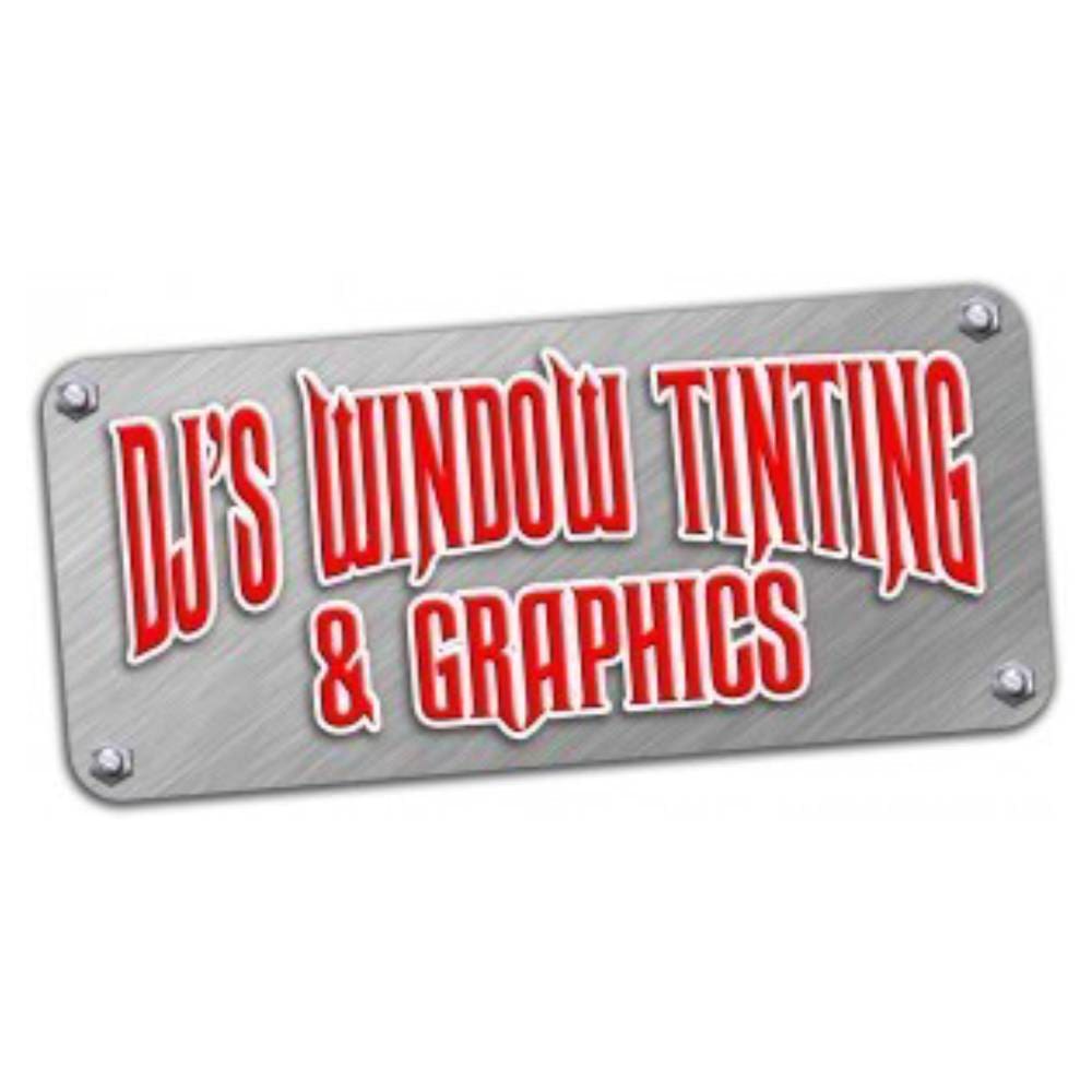 A metal sign that says dj 's window tinting and graphics.